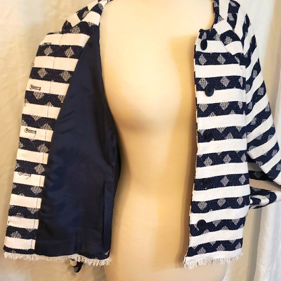 NAVY & WHITE STRIPED DIAMOND ZIGZAG BLAZER PREPPY COASTAL NAUTICAL RAW EDGE NWT - Picture 4 of 10